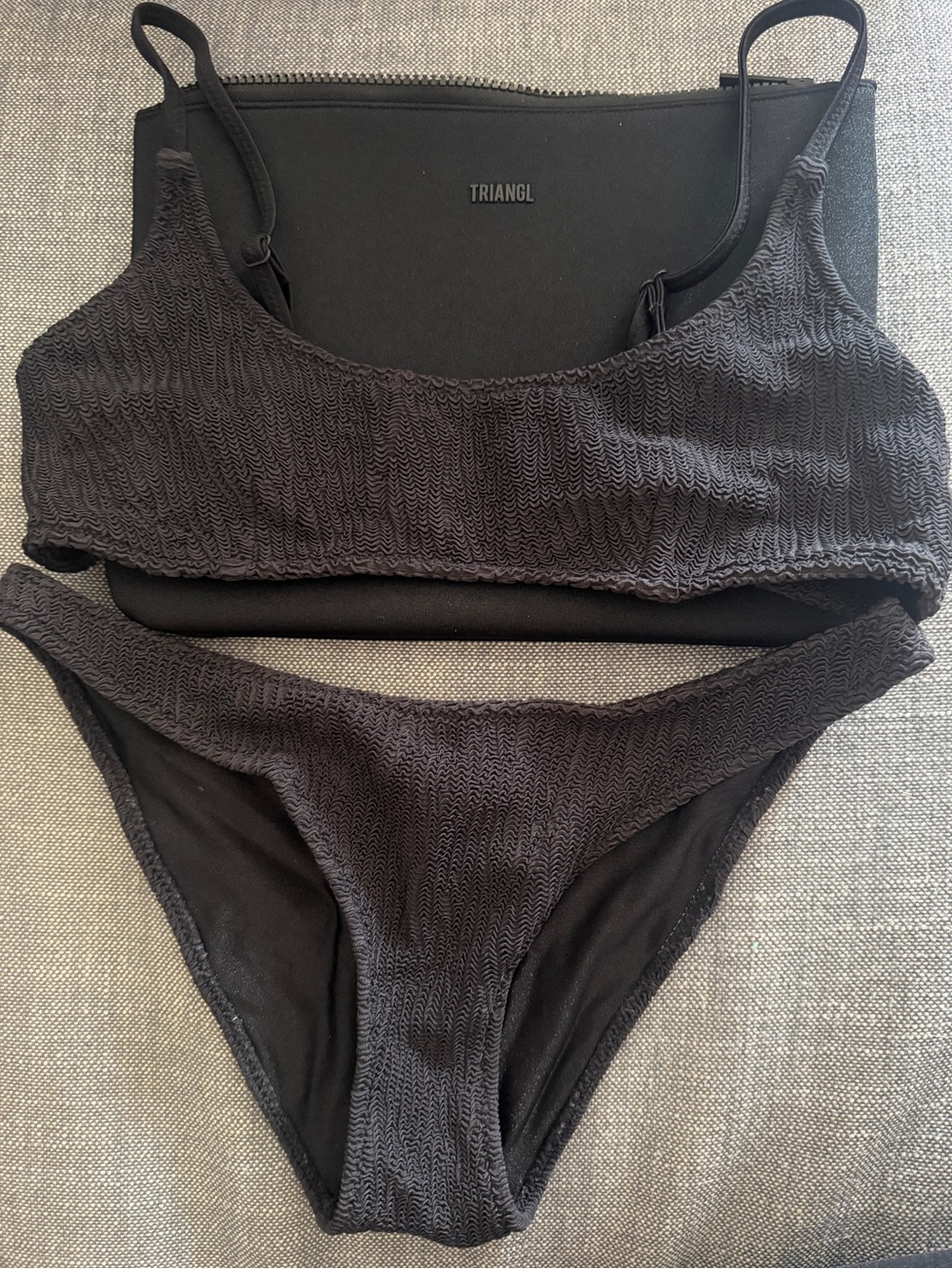 TRIANGL MACI crinkle black bikini set. Medium top and cheeky bottoms